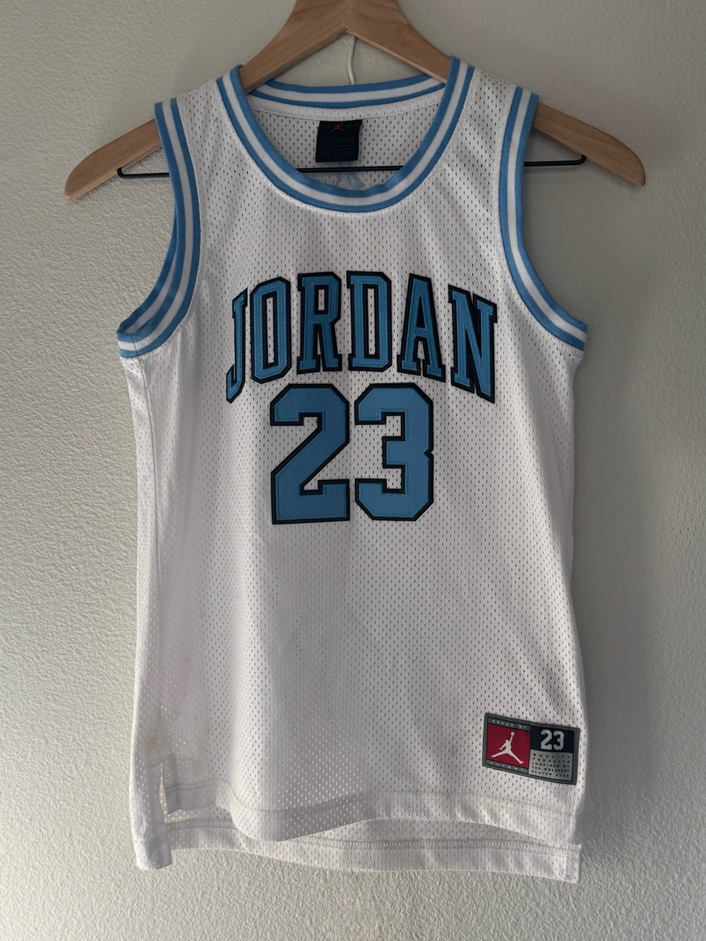 Jordan White and Light Blue 23 Kids Basketball Jersey Small